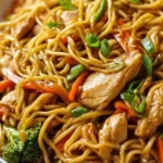 无码性午夜视频在线观看 easy chicken lo mein served in a bowl with vegetables and noodles.