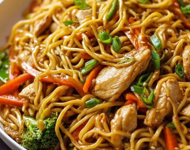 无码性午夜视频在线观看 easy chicken lo mein served in a bowl with vegetables and noodles.